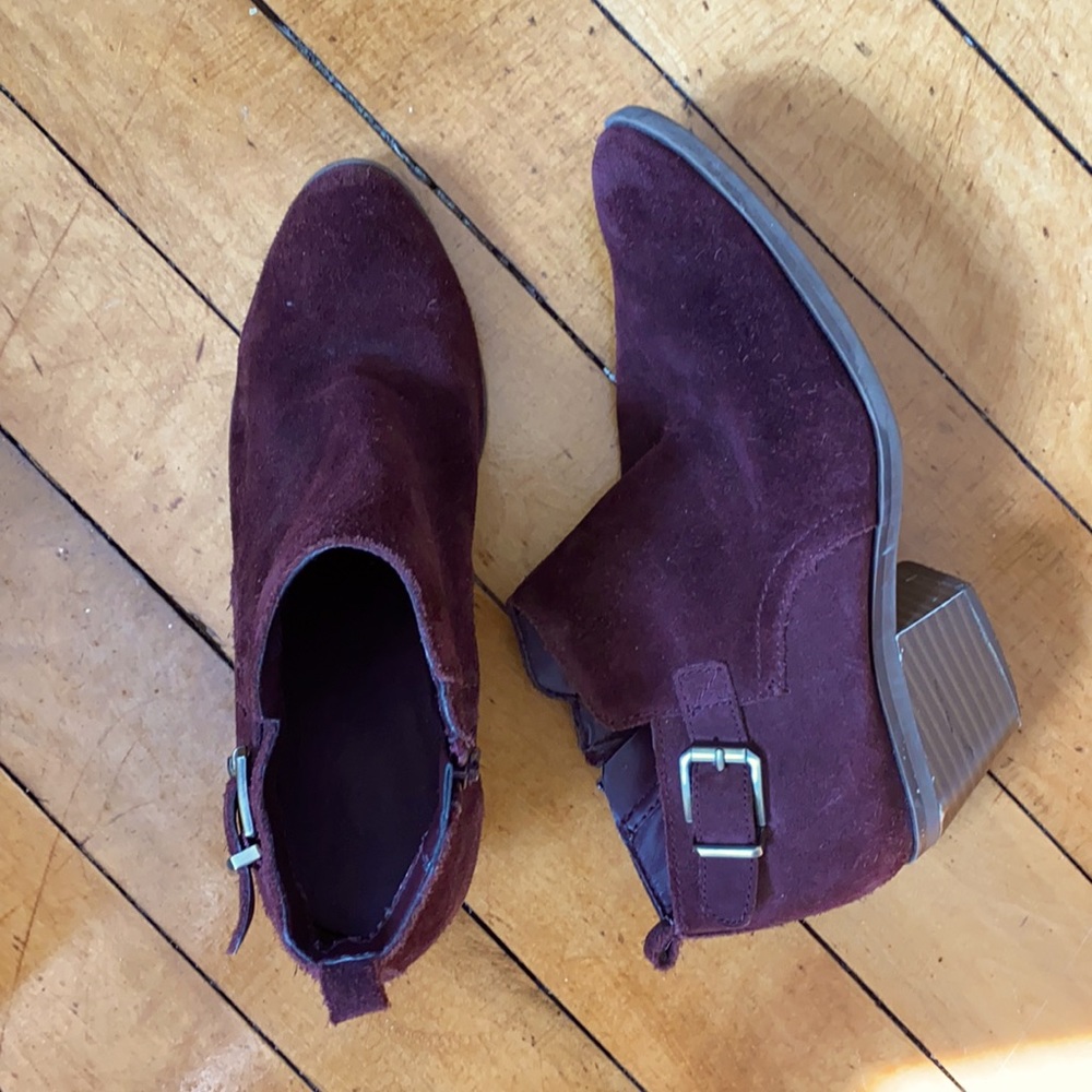 Faux suede red buckle booties